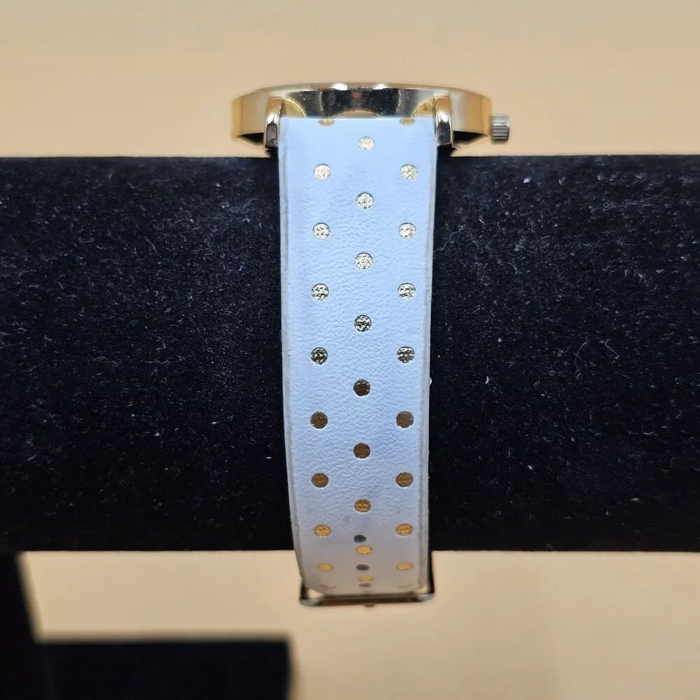 Vintage Ladies White Dial Gold Polkadot Quartz Watch New Battery Adjustable Band